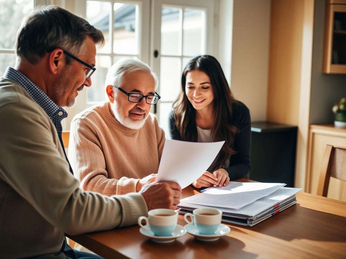 An advocate guiding a senior man and his daughter through paperwork at a kitchen table