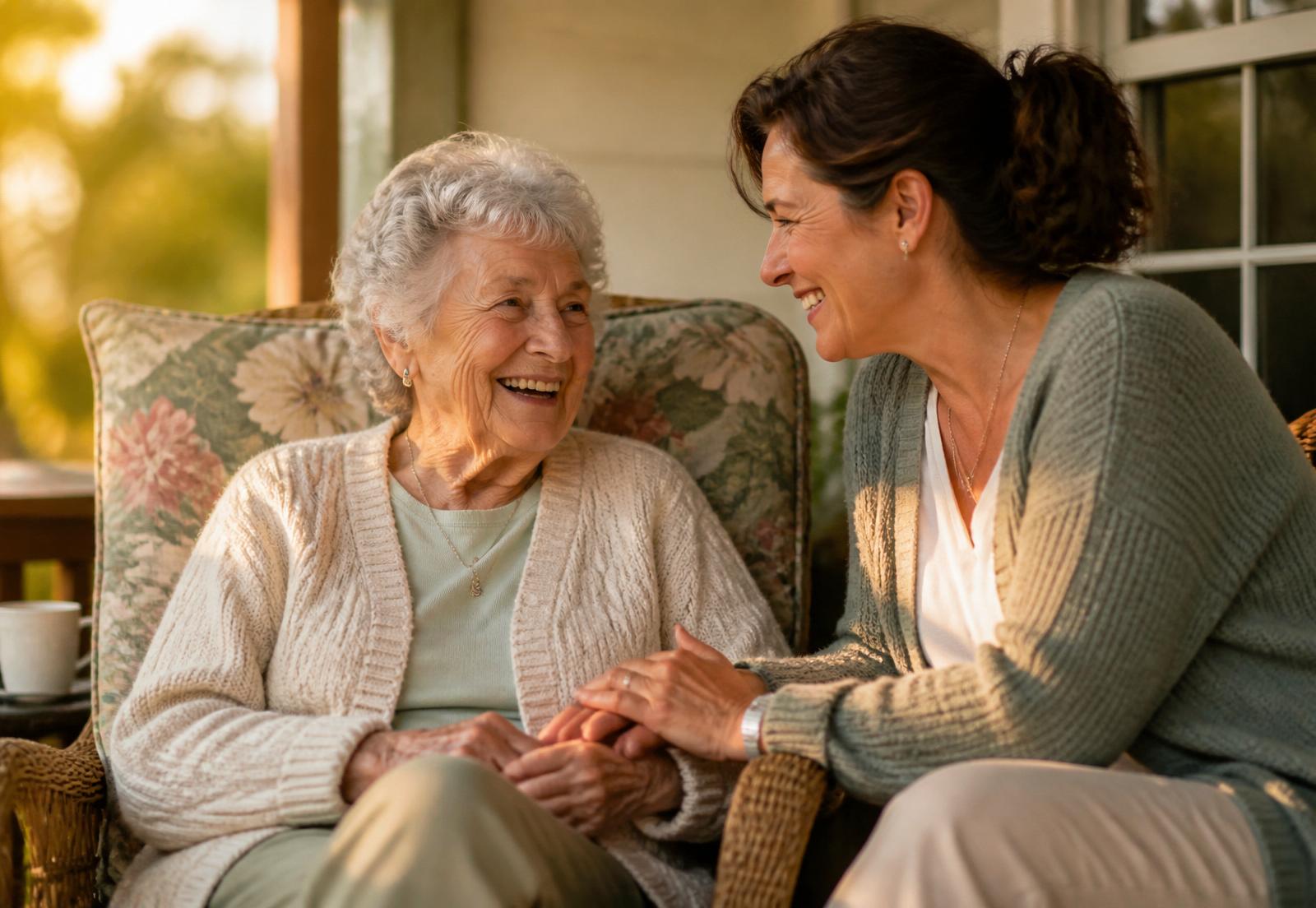 A senior woman laughing warmly with her companion on a sunny porch